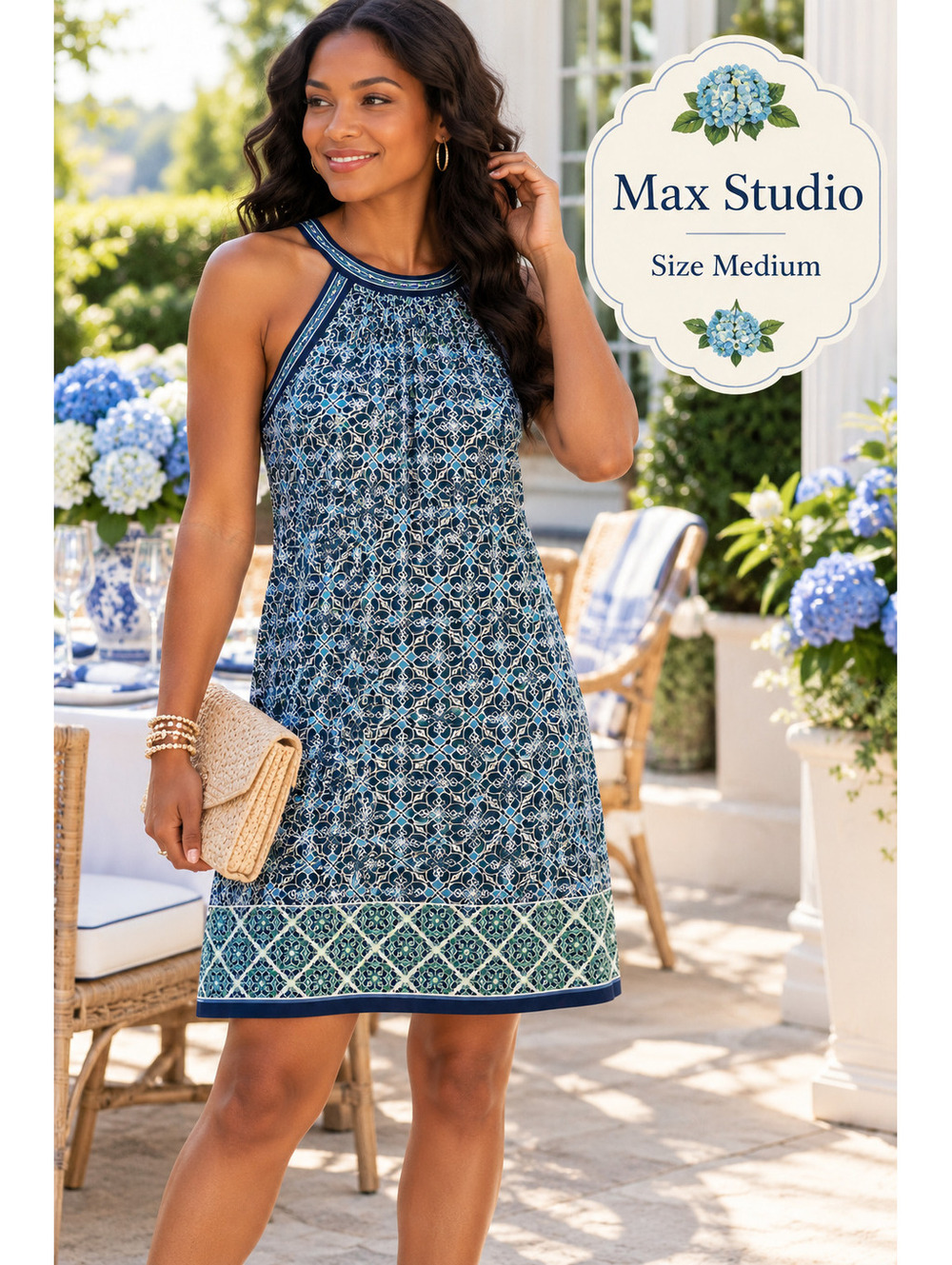 Max Studio | M | Navy Blue Tile Print Halter Neck Jersey Dress